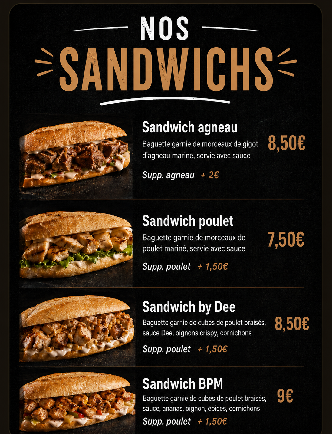 Carte sandwiches BABA'S FOOD