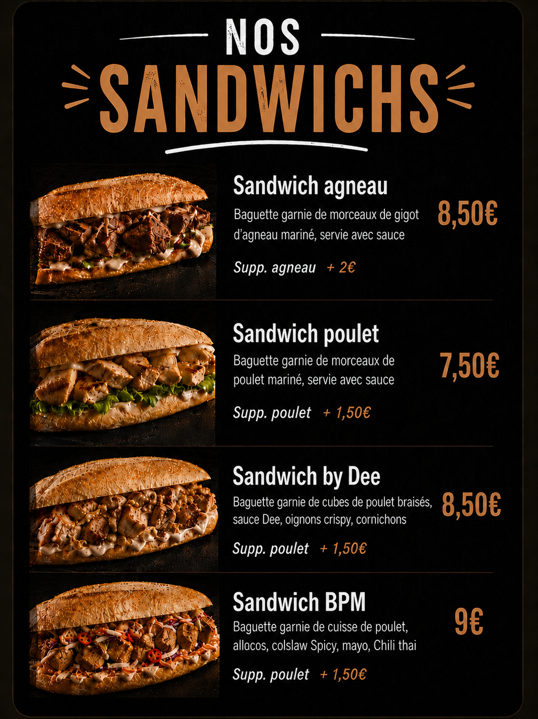 Carte sandwiches BABA'S FOOD